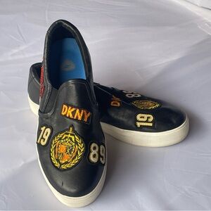 DKNY Black Slip-On Sneakers with Embroidered Patches